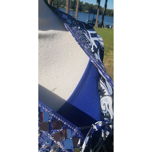 INC Blouse Women S Blue Paisley Sheer Sequins 3/4 Sleeves V Neck w/Camisole - Picture 10 of 16